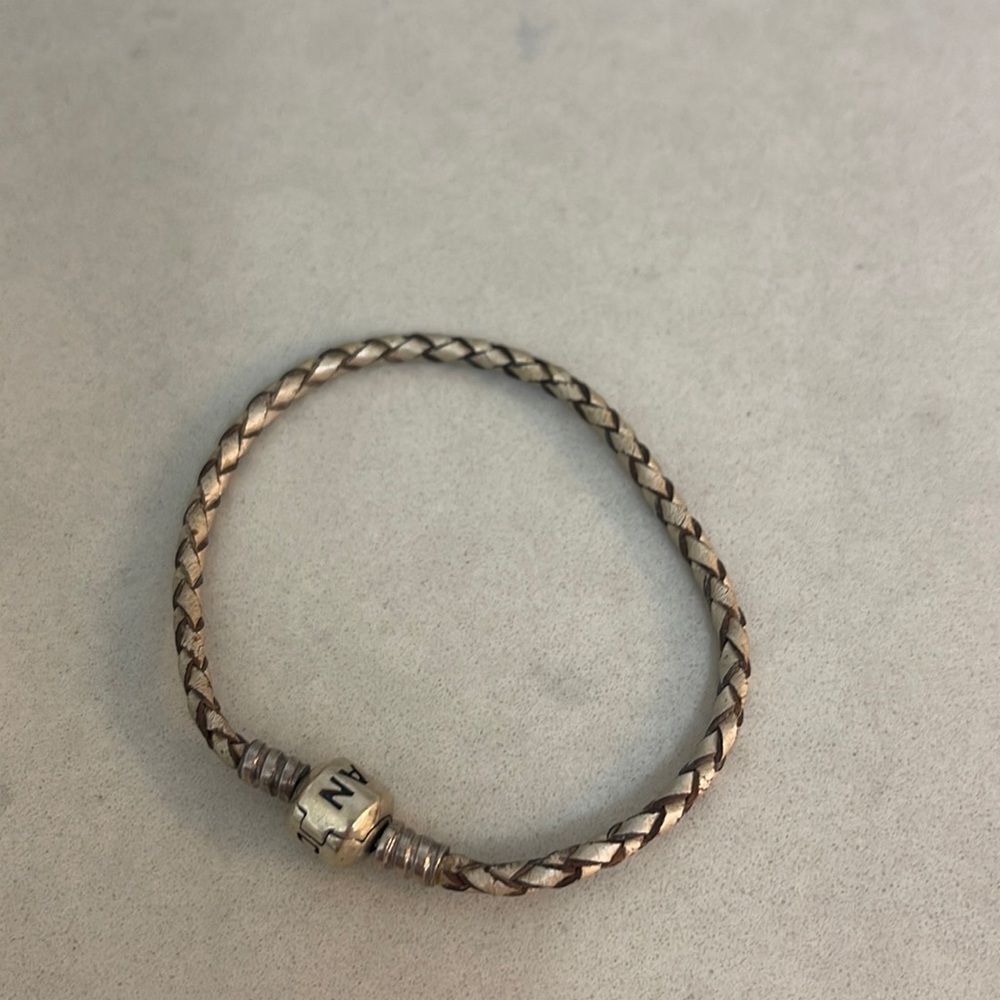 Authentic PANDORA Single Champagne White Leather Bracelet 7.5 inches